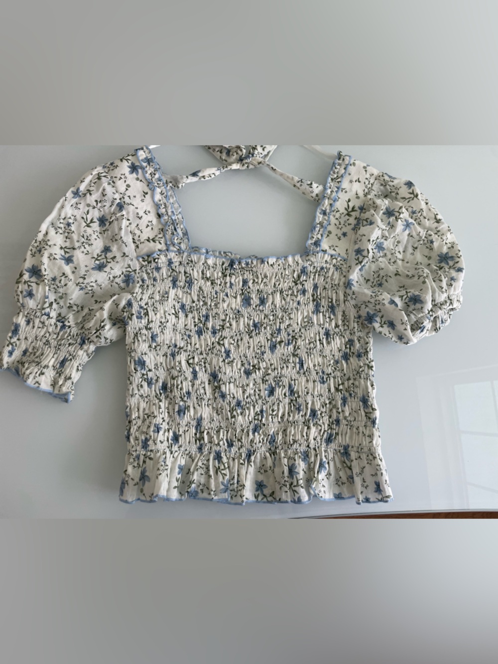 Puff Sleeve Floral Crop Top - Blue/White